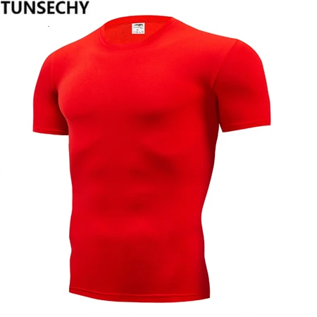 TUNSECHY, модная Однотонная футболка, мужские компрессионные обтягивающие футболки с коротким рукавом, S-4XL, летняя одежда