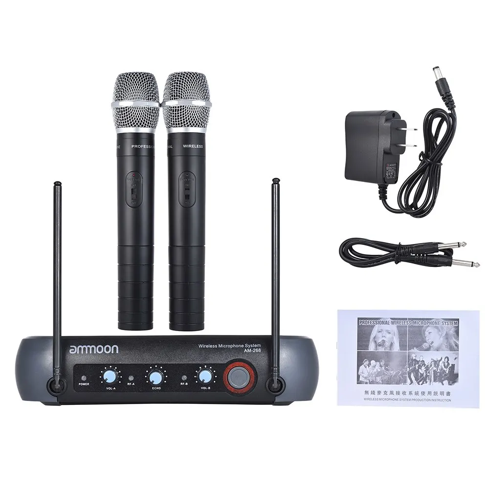 Ammoon двухканальный VHF беспроводной ручной микрофон система с функция эха 2 микрофона и 1 приемник 6,35 мм аудио кабель