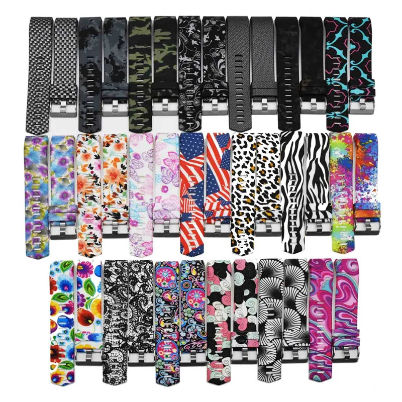 

Silicone Printed Flower Camouflage skeleton Skull Wrist Band Smart Watch Strap Bracelet for Fitbit Charge 2 Metal Buckle