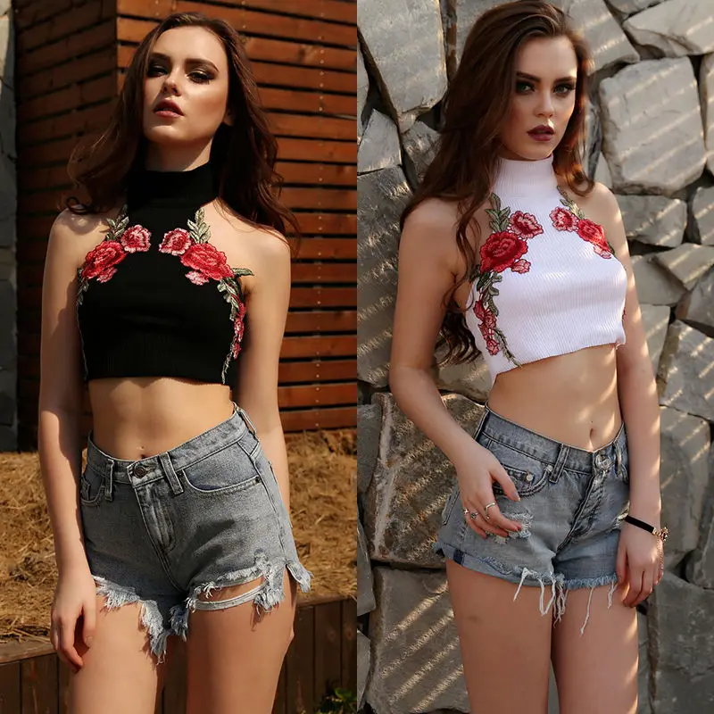 

Women Crop Tank Tops 2017 Summer Off Shoulder Rose Camis Sexy Halter Backless Vest Rose Embroidery T shirt T-shirt Tee Blusas