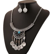 Ethnic Crescent Rhinestone Hollow Flower Coin Fringe Choker Necklace Earring Set Gypsy Turkish India Jewelry Set stylish coin fringe metal choker necklace