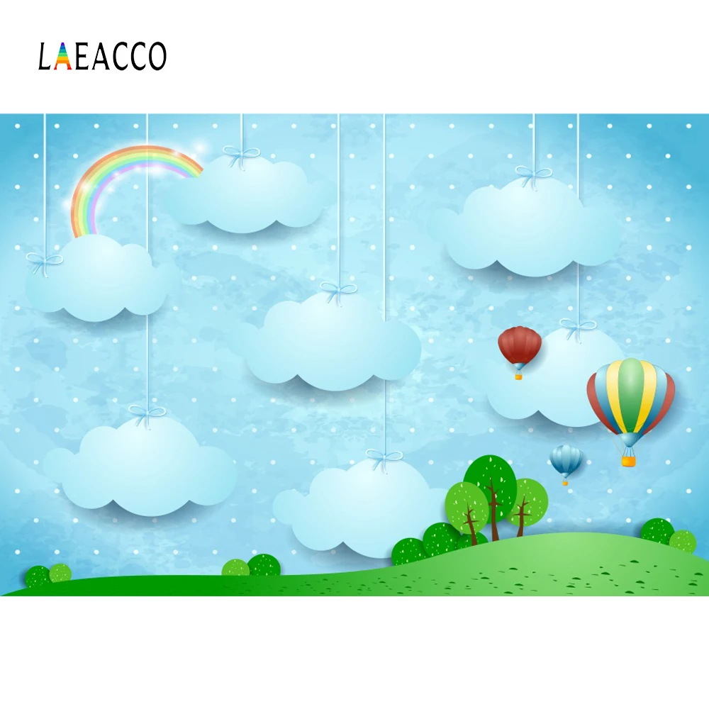 

Laeacco Rainbow Backdrops Baby Drawing Cloud Hot Balloon Tree Shiny Star Grass Pattern Photographic Backgrounds For Photo Studio