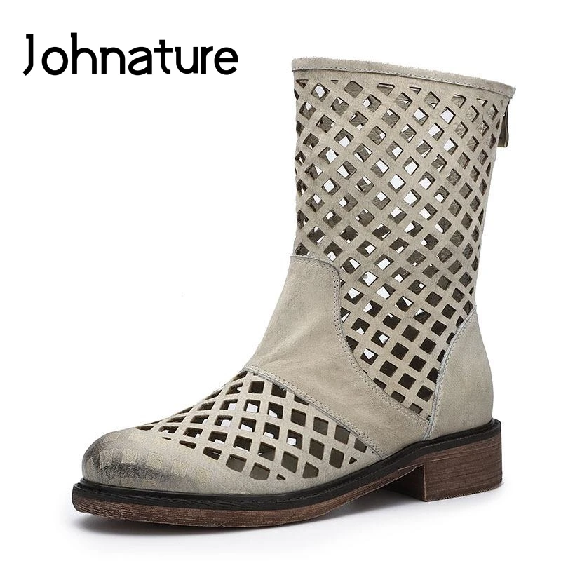 

Johnature 2019 Spring/Autumn New Retro Genuine Leather Women Summer Boots Round Toe Zip Hollow Low heeled Boots