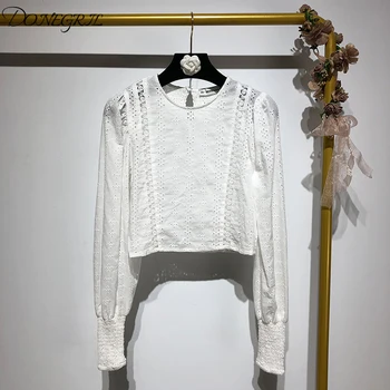 

2019 spring new Korean embroidery hollow bubble sleeve round neck shirt