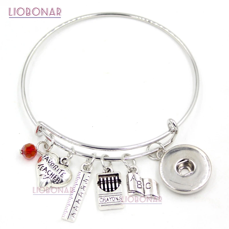 

10PCS Wholesale Snap Jewelry Teacher Bracelet Book Ruler Crayons Charms Bangle Snap Button Bracelets for Teacher Gifts