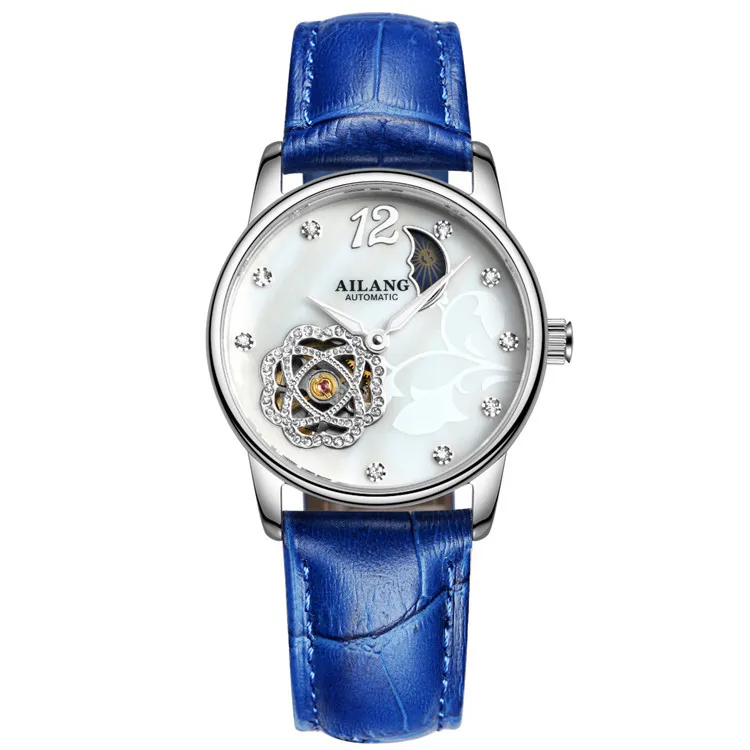 Romantic Floral Hollow Women Business Dress Watches Blingbling Crystals Wrist watch Automatic Self-wind Relojes Moon Phase W009