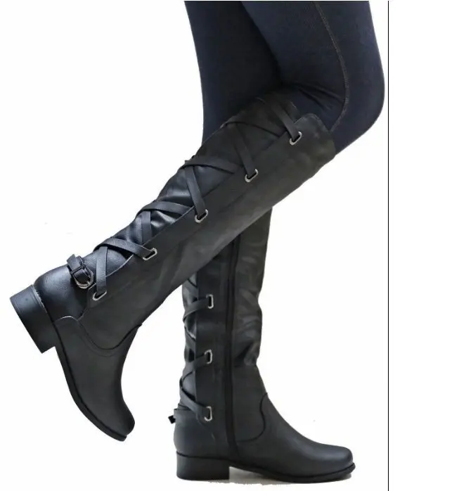 

ZHENZHOU 2019 European lace boots round head low heel knight boots long tube women's boots thick with high boots Big size 43