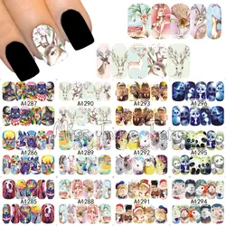 12 Стили Акварель Большой Nail Art Переброски Вод Ногтей Наклейки Наклейка Cute Panda Олень Кролик Банни Кошки Собаки Животные