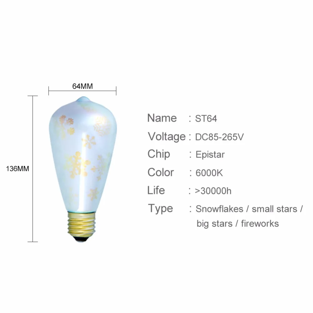 Foxanon Led Light Bulb 3D Decoration Lamp AC110V 220V ST64 G95 E27 Holiday Night Lights Christmas Filament Retro Lamp Lamparas