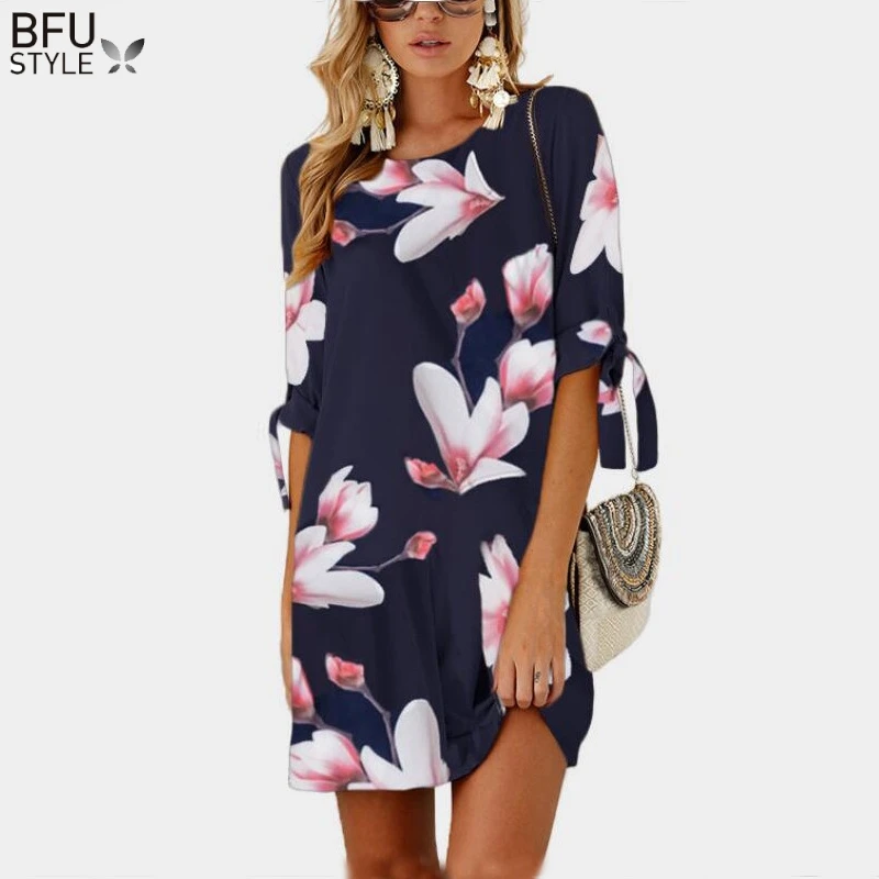 

S-5XL Plus Size Floral Dress Women Sexy Loose Beach Boho Dress Elegant Short Mini Shift Dresses Robe Femme Ete 2019 Vestidos