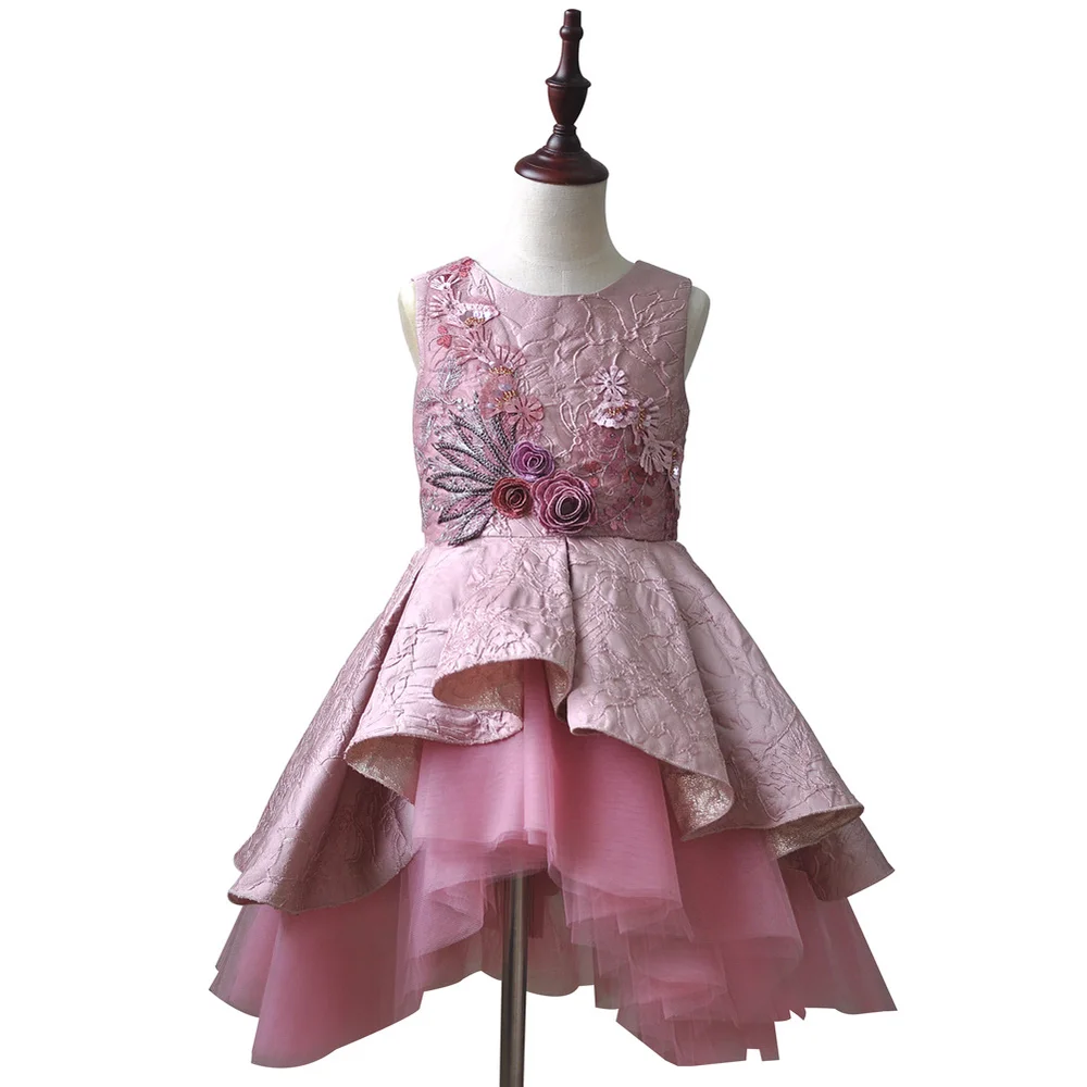 

2019 Spring and Summer New Beading Embroidery Floral Flower Girls Wedding Pink Princess Ball Gown Irregular Mesh Formal Dresses