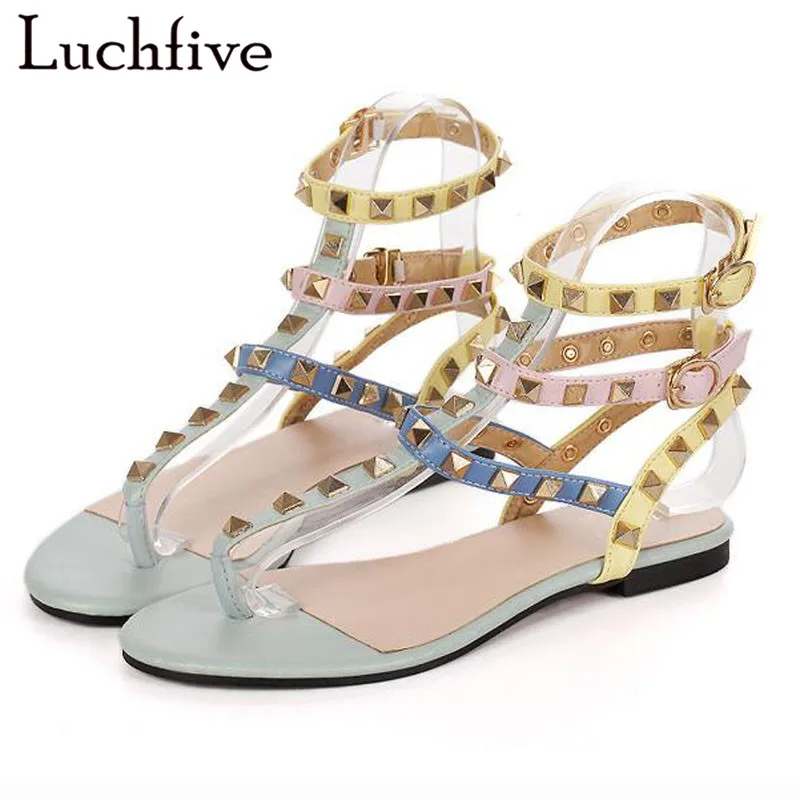 

Casual gladiator sandals women PU flat heels ankle strap flipflops rivets studded rainbow summer beach shoes for ladies plus siz