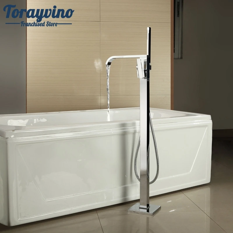 

Luxury Chrome Floor Stand Shower Set Bathroom Waterfall Bathtub Shower Set Faucets Mixers Taps With Hand Shower