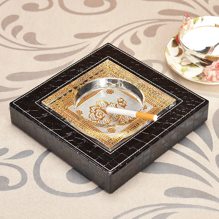 Luxury Square Leather Tabletop Crystal Cigarette Ashtray Cigar Case for Home Decoration Smokers