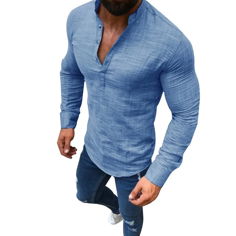 

Plus Size 3XL Men Casual Social Shirt Spring Linen Mens Clothing Solid Long Sleeve V Neck Slim Dress Shirt Camisa Masculina
