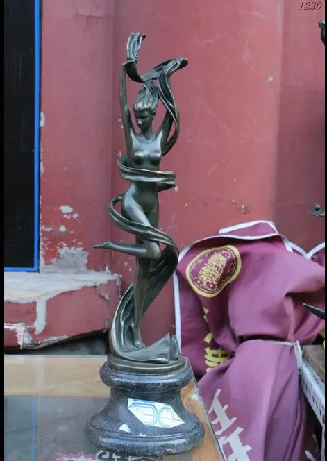 

free 17" Western Art Statue Copper Bronze Marble Nude Belle Girl Women Dancing Statue fast