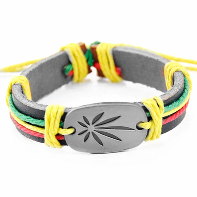 

SENHUA! Fashion Colorful Surfer Hemp wrap bracelets Hand Woven Alloy Lucky Leaf Leather Bracelets adjustable bangle Gift MB102