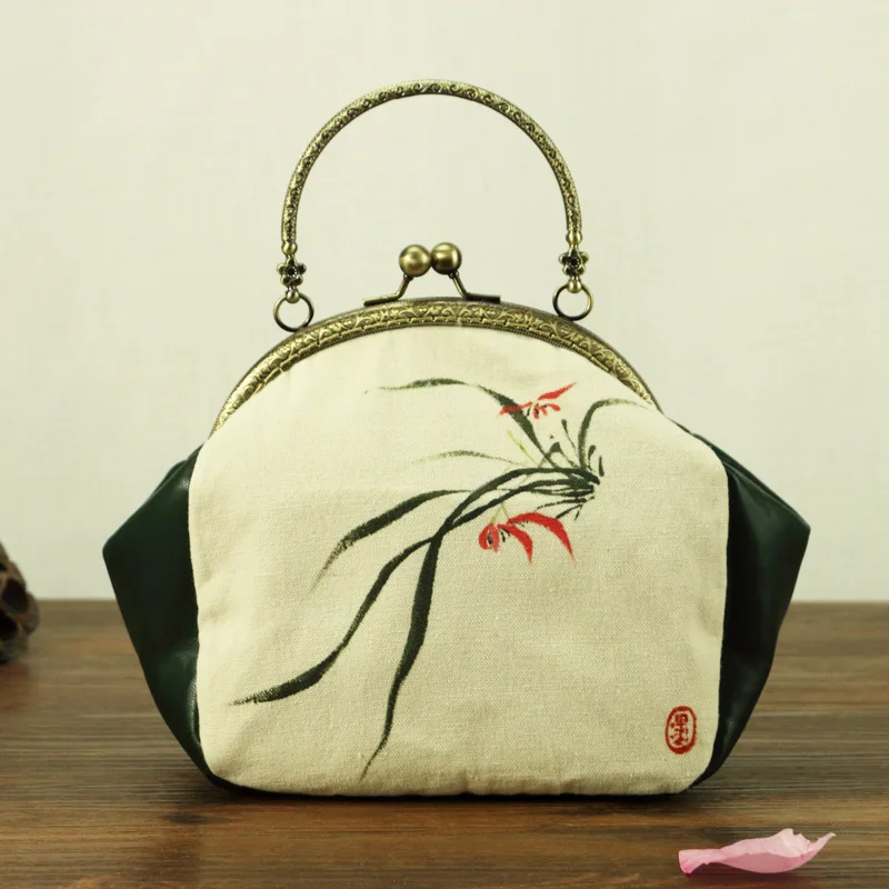 

Flower Hand Painted Women Linen Leather Patchwork Small Shell Handbag Copper Handle Multi-function Ladies Evening Shoulder Bag