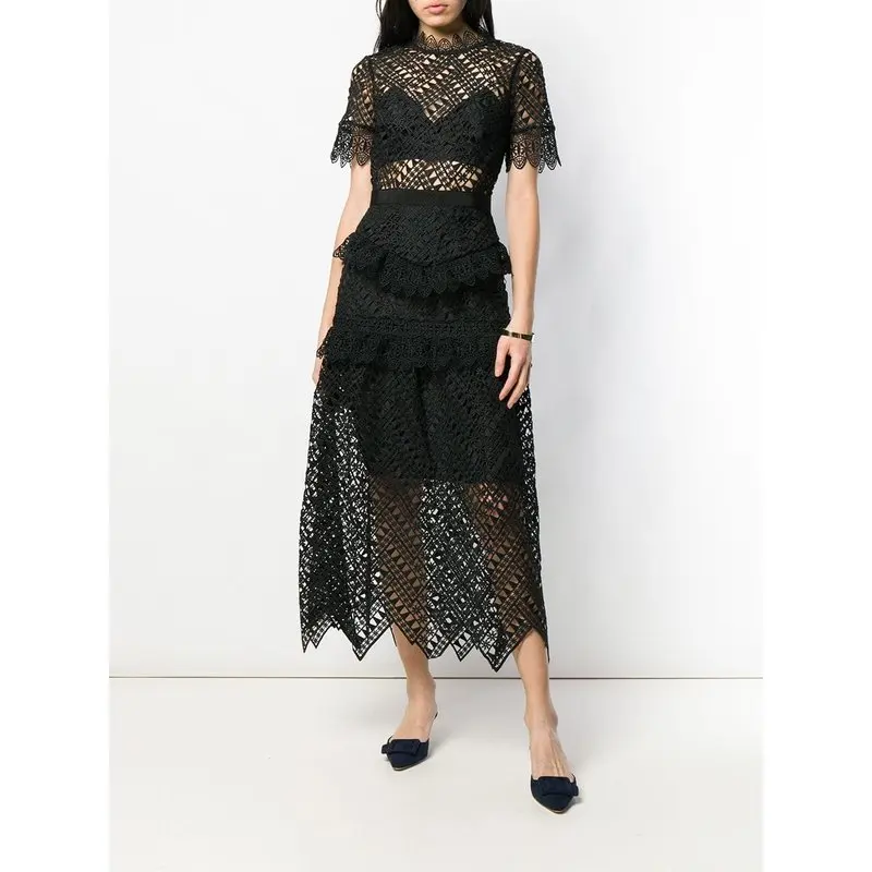 

Limiguyue black hollow out slim waist lace dress women short sleeve ruffles embroidery long party dress runway vestidos T579