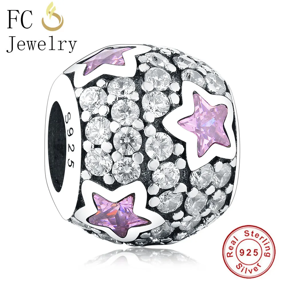 

FC Jewelry Fit Original Pandora Charm Bracelet Sterling Silver Star & Pink Natural Crystal Stone Love Beads Making Berloque 2019