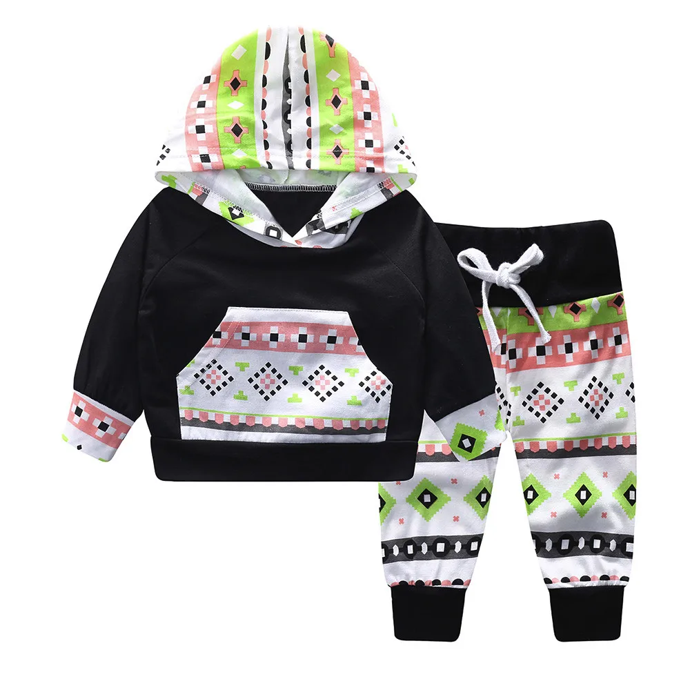 Детская блузка с капюшоном и длинными рукавами с геометрическим принтом + брюки, комплект из двух предметов, одежда для маленьких