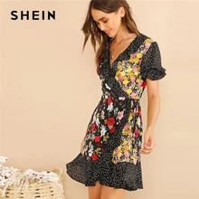 SHEIN многоцветное платье в горошек с оборками и цветочным принтом, женское элегантное платье с v-образным вырезом и рукавами-воланами, однотонные короткие цельнокроеные платья