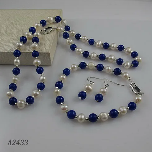 

6-7mm Blue Jades With Freshwater Cultured Choker Pearl Necklace For Girl Real Pearl Necklace Bracelet Earrings Jewelry Set