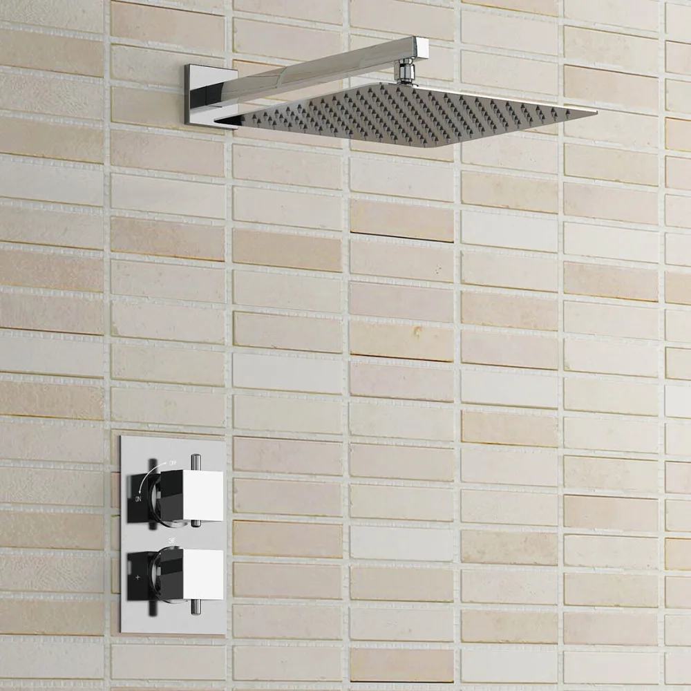 

12" Square Shower Head Bathroom Mixer Ultra Thin Stainless Steel Shower Head Thermostatic Valve Set