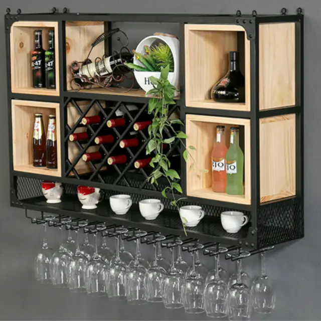 Wine Rack Wall Hanging Wine Cabinet Wall Shelf Wrought Iron Wood