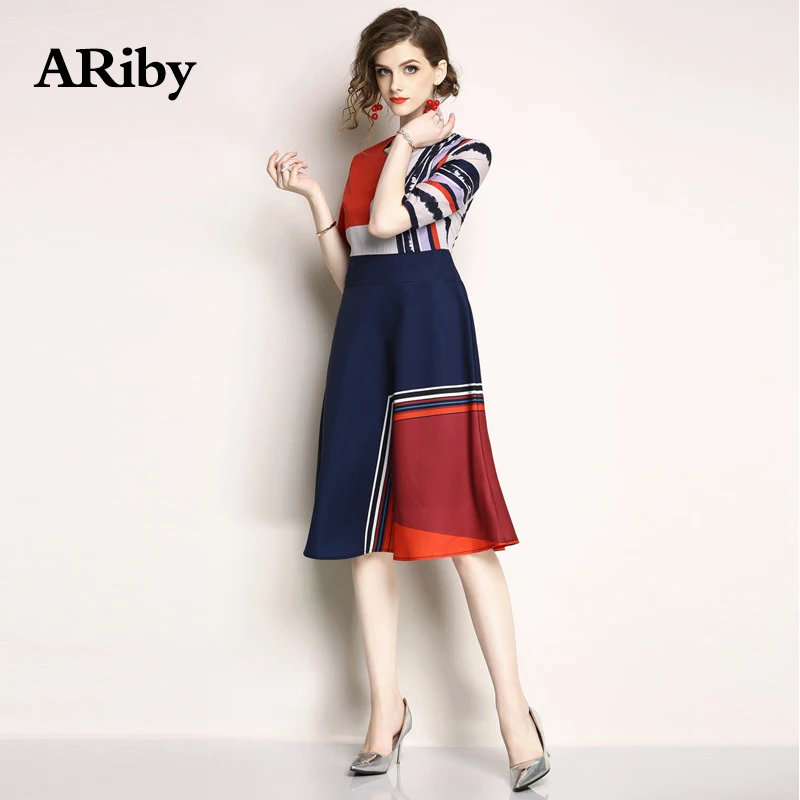 Women Party Dress 2019 New Fashion Office Lady Slim Temperament Elegant Dress Printed Patchwork A-Line O-Collar Dress Plus Size