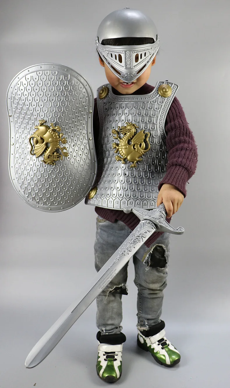 Хэллоуин героя «рыцарь/воин-Гладиатор Броня+ щит+ меч+ шлем 4 шт./компл. Детский костюм вечерние Платье для косплея на шнуровке мальчик играть игрушка