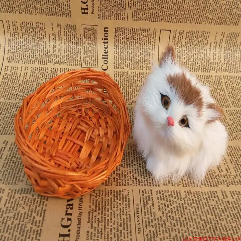 

simulation cute white cat with basket 12x10cm model polyethylene&furs cat model home decoration props ,model gift d511