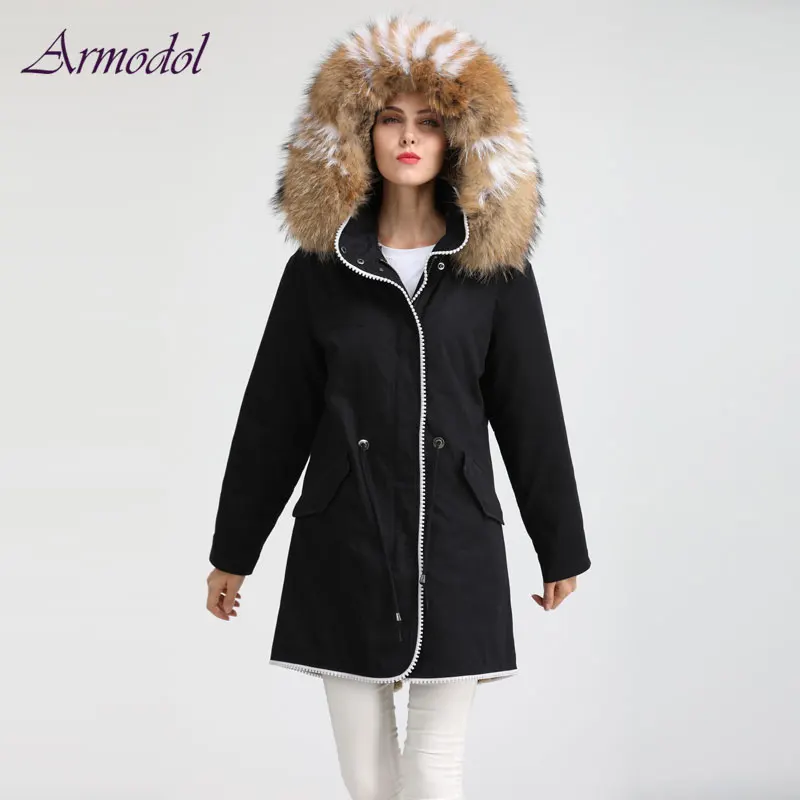 Special Price New Style Winter Black Long Parka Special Zipper Design Beautiful Raccoon Collar Hood Women Fur Jacket