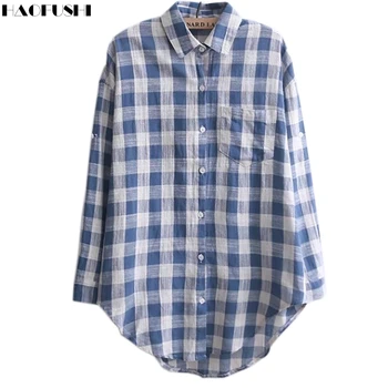 2017 Casual Plaid Korean Women Blouses Kimono Vintage Linen Cotton Long Sleeve Blouse Female Shirts Tops Camisa Feminina