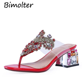 

Bimolter 2019 Red Shining flip flops African Women Slippers Shoes Italian Shoes Party Wedding Summer Leather Crystal Shoes FB027