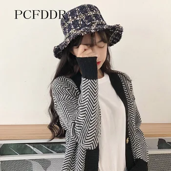 

PCFDDR Korean Version Of Autumn And Winter Potted Cap Female Small Fragrance Rough-laced Fisherman's Cap Retro Plaid knitted Fl