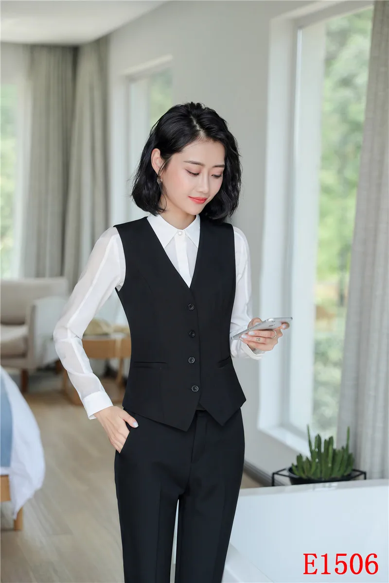 Формальные женские деловые костюмы с брюками и Топ Наборы Женская майка и жилет черный офисный униформенный стиль OL
