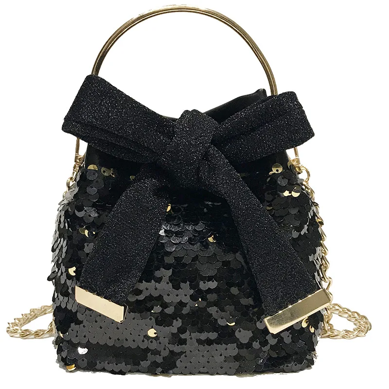 

Sequin Evening Party Handbag Women Bucket Shoulder Chain Bags 2019 New Design Pu Mini Bow Drawstring Crossbody Bag For Girls