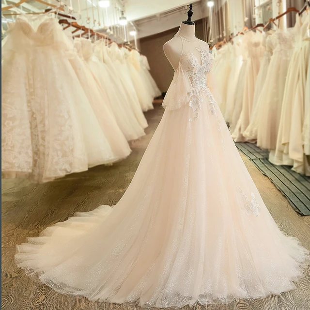 SL-7001 Bohemian Puffy Short Sleeve Beads Bridal Wedding Dresses 2019 Backless Halter Beach Wedding Bridal Dress 3