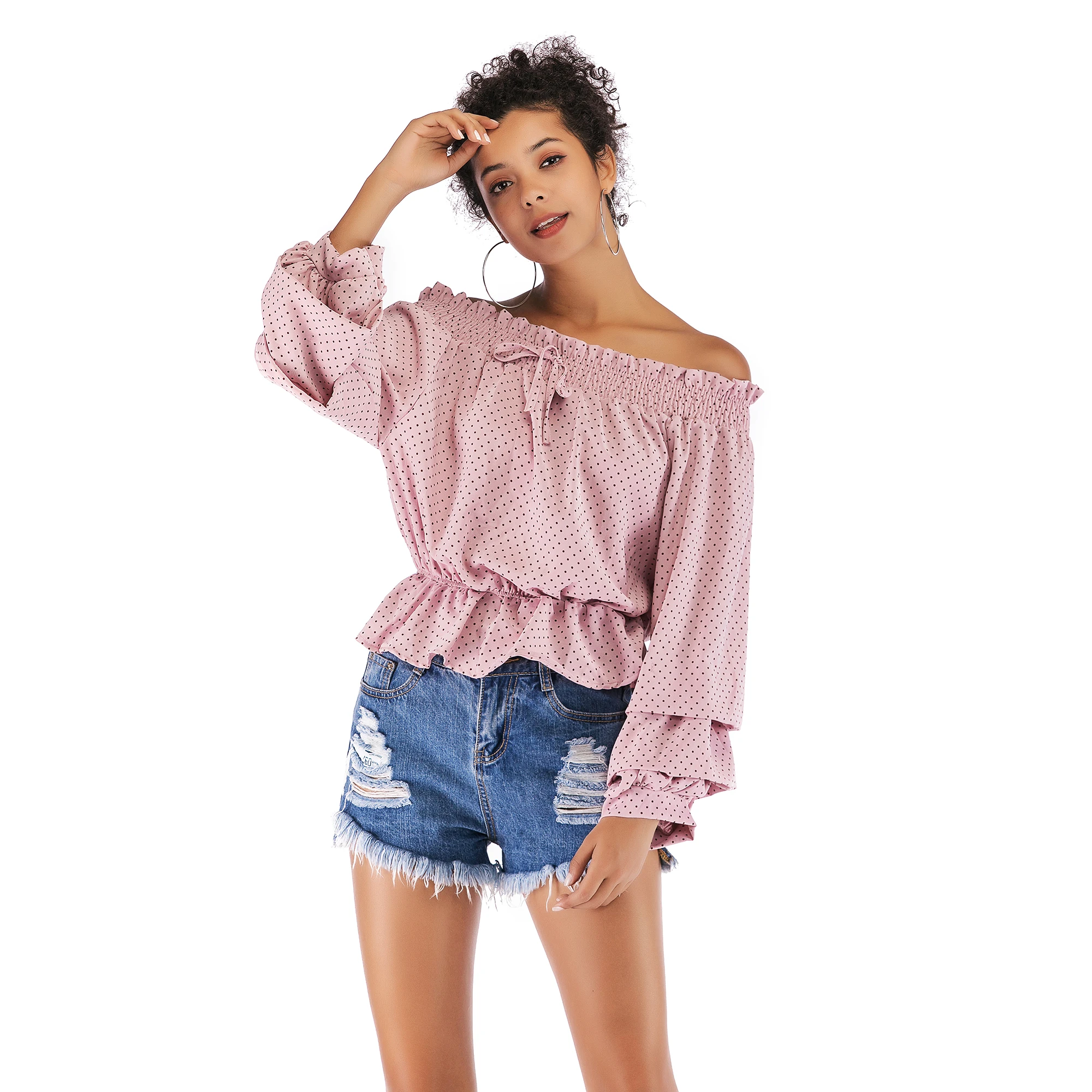 

VZFF Women's Summer Elegant Lace Slim Bow Tie Collar Off Shoulder Tie Chiffon Shirt Polka Dot Puff Sleeve Spring Tops Women