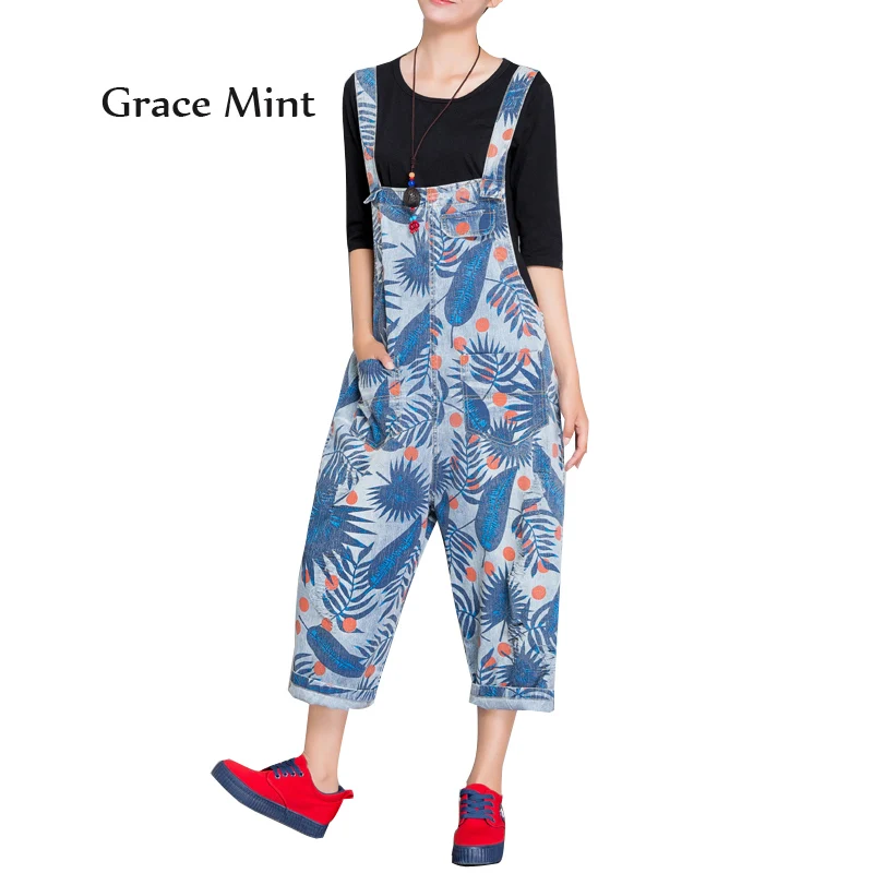 

Printing Jumpsuits Loose Jeans Overalls New Design Women Casual Denim Jumpsuit