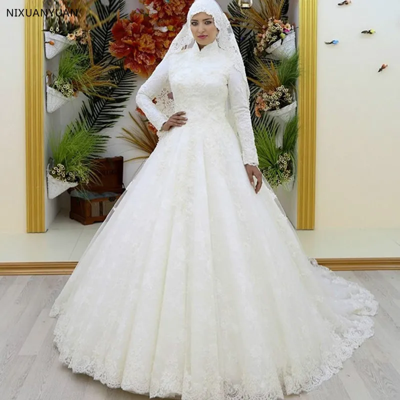 Vestidos De Novia, кружевное мусульманское свадебное платье, винтажное, с длинным рукавом, с высоким воротником, Саудовская Аравия, свадебное платье