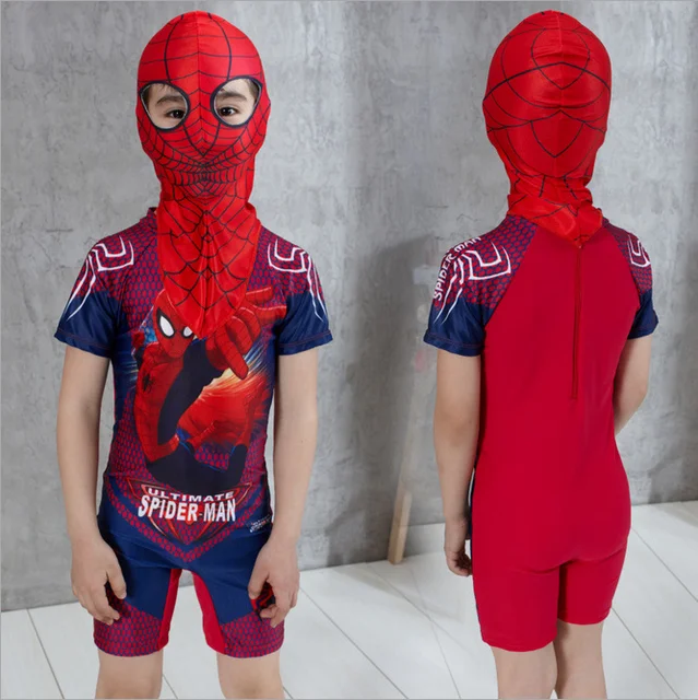 2PCs Swimming Clothes For Boy Spiderman Swim Trunks With Cap Boys