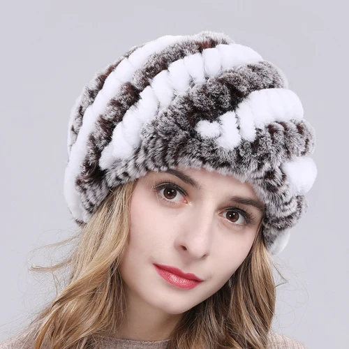 Меховые шапочки из натурального кролика Рекс, зимняя шапка, натуральный настоящий мех кролика, женская вязаная шапка из натурального меха, шапки бини - Цвет: coffee white