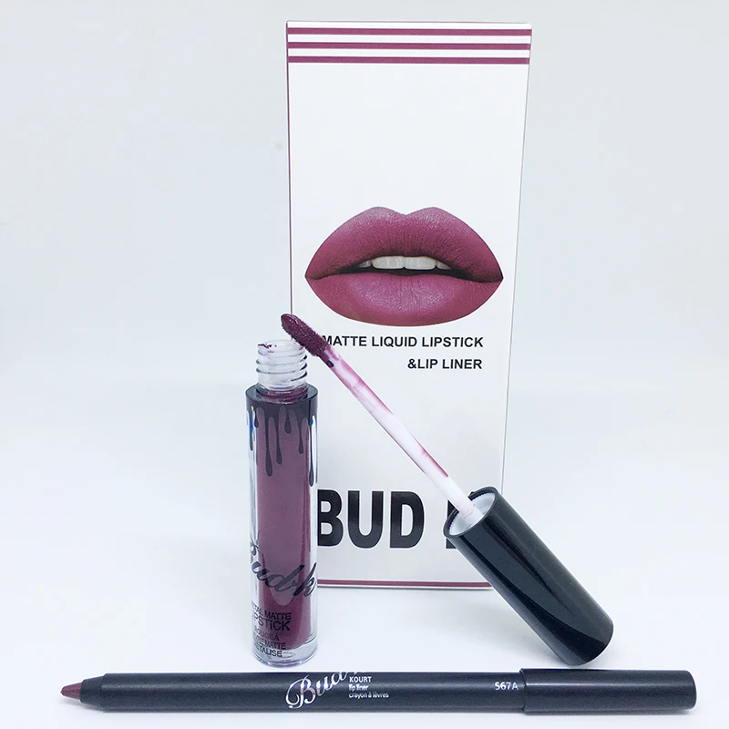 

NEW BUD K Matte Liquid lipstick Cosmetic lip kit+Lip Liner pencil Lip gloss Mate Waterproof Long Lasting LIPSTICK 2PCS/Set