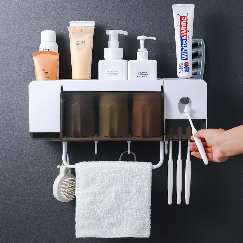 

GOONBQ 1pc Multi-function toothbrush holder set bathroom wash storage rack with cup towel bar hook automatic toothpaste