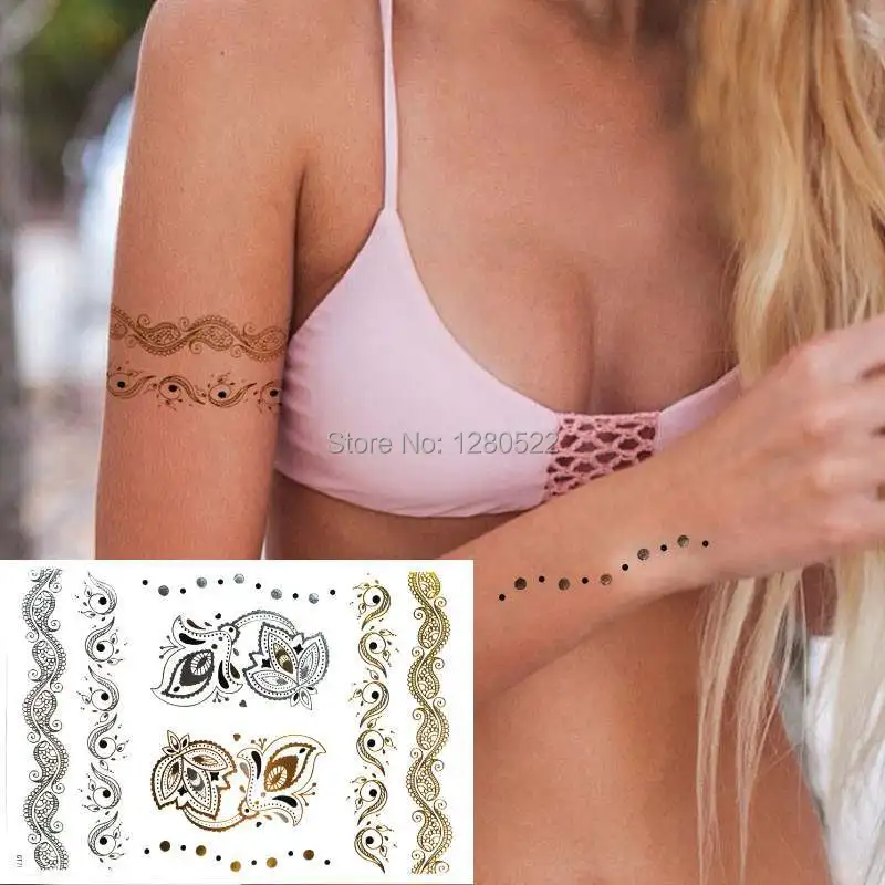 2 листов Винтаж цепи рука Дизайн флэш-тату серебряная и Золотая временная металлик татуировки Стикеры tatuagem для Для женщин Средства ухода за