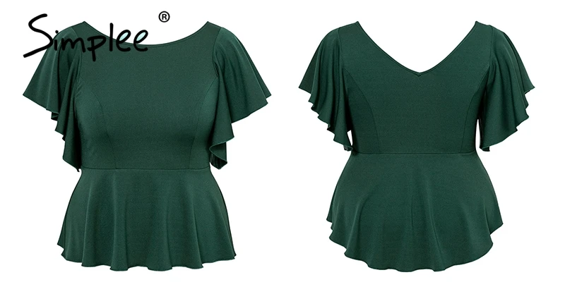 Simplee Plus size womens tops and blouses Elegant o-neck ruffled top shirt female Short sleeve solid high waist peplum blouse