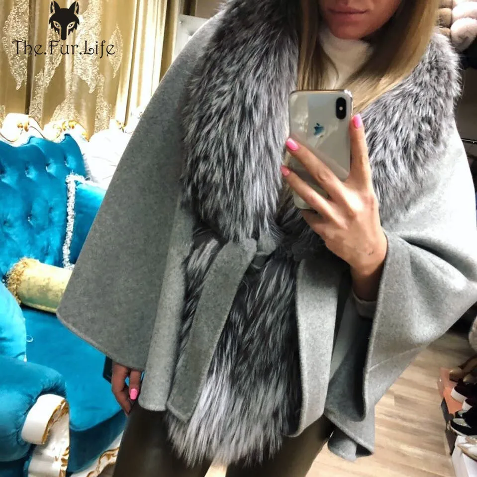 

Furealux 2019 New Real Fashion Woolen Fur Coat Women Fashion Winter Big Silver Fox Fur Collar Slim Real Fur Jackets Bat Sleeved