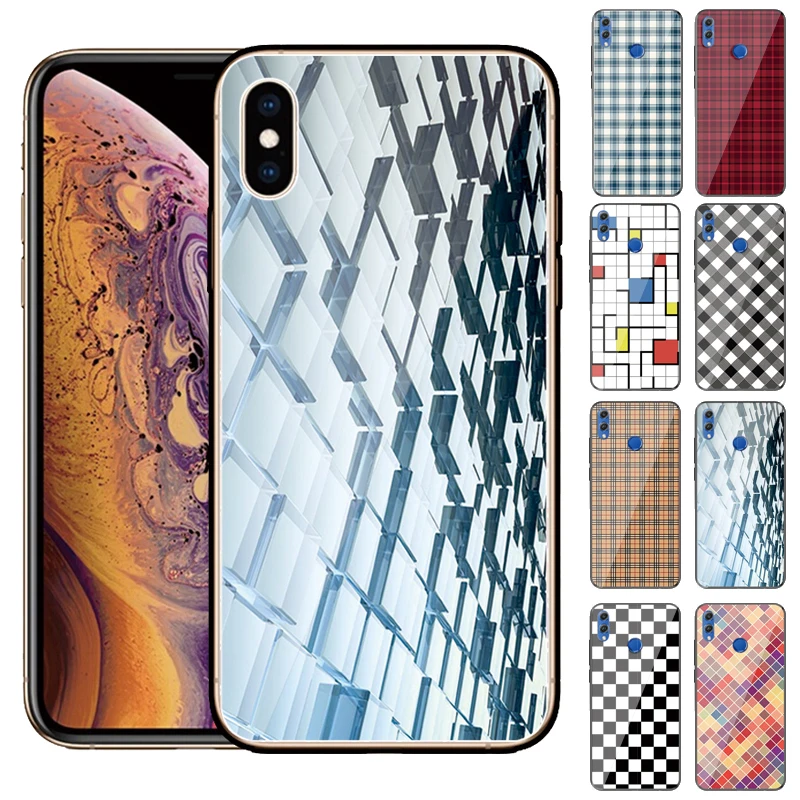 Plaid Printed Tempered Glass Glitter Cover for iPhone XS